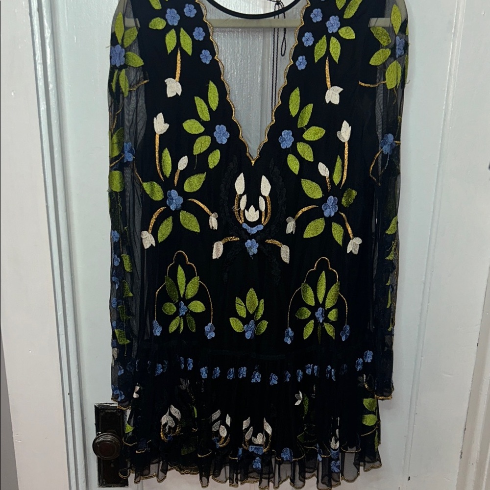 Free people Mesh Sheer Floral Embroidered Drop Waist Black Dress